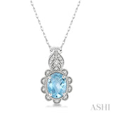 1/10 ctw Floral 8x6MM Oval Cut Aquamarine and Round Cut Diamond Semi Precious Pendant With Chain in 10K White Gold