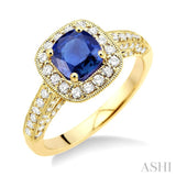 6x6mm Cushion Cut Sapphire and 7/8 Ctw Round Cut Diamond Ring in 14K Yellow Gold