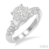 3/4 Ctw Round and Baguette Diamond Lovebright Engagement Ring in 14K White Gold