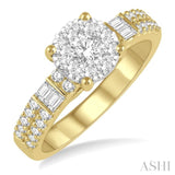 7/8 Ctw Round and Baguette Diamond Lovebright Engagement Ring in 14K Yellow and White gold